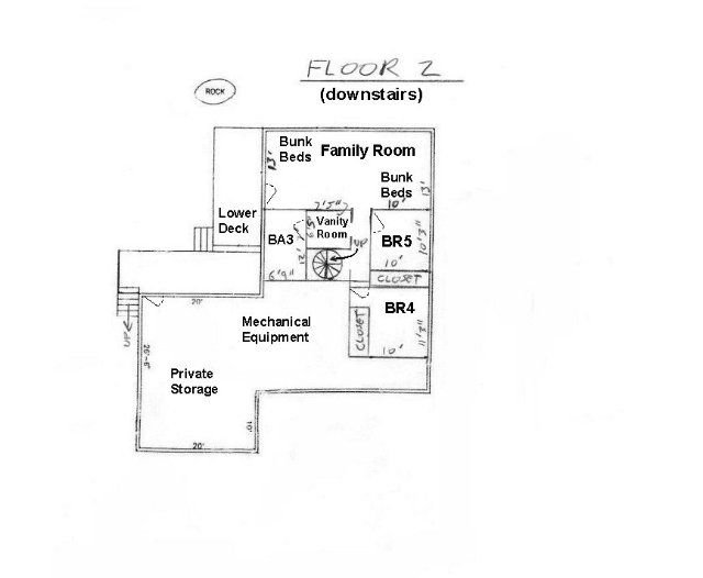 View the Lake Tahoe vacation rental floor plans to see how this house will meet your family's vacation needs. The downstairs floor has two bedrooms, a large family room, and a large bathroom.