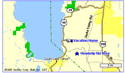 Map showing Lake Tahoe vacation rental location at Zephyr Cove, beach, resort, forest, nevada, stateline
